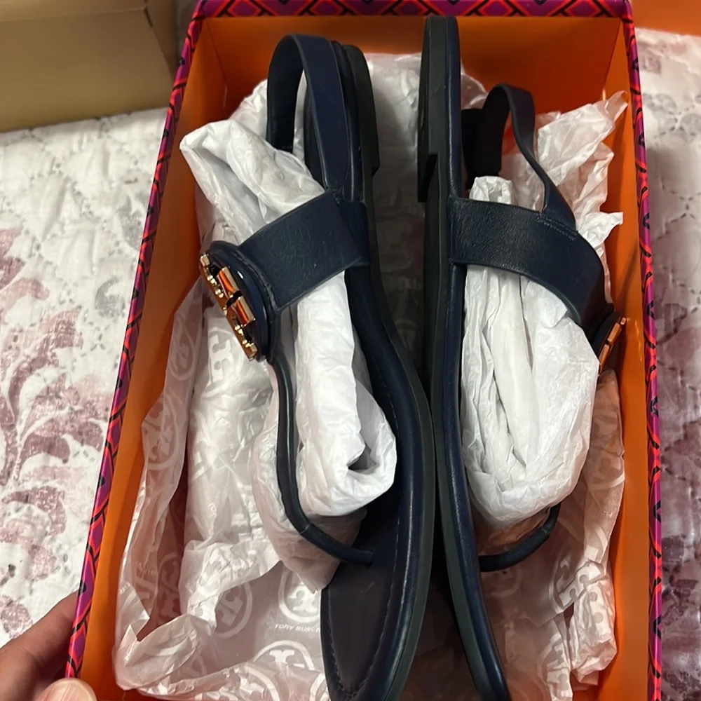Tory Burch Navy Blue Leather Logo Thong Sandals with Gold Emblem